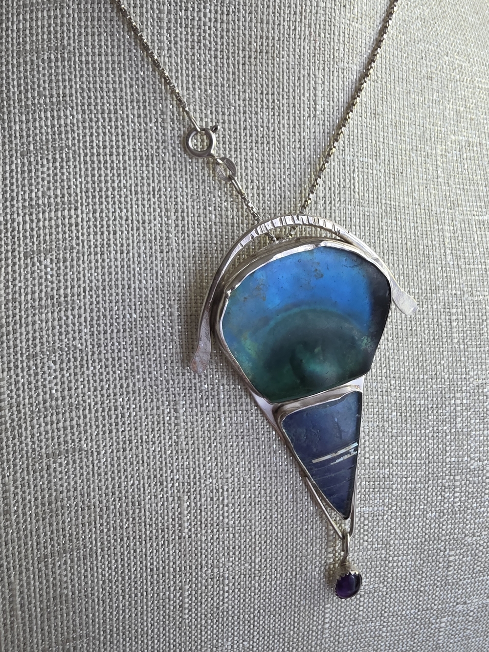 Vintage Jackie Cohen Signed 925 Ancient Roman Glass & Amethyst Pendant Brooch - Picture 4 of 10